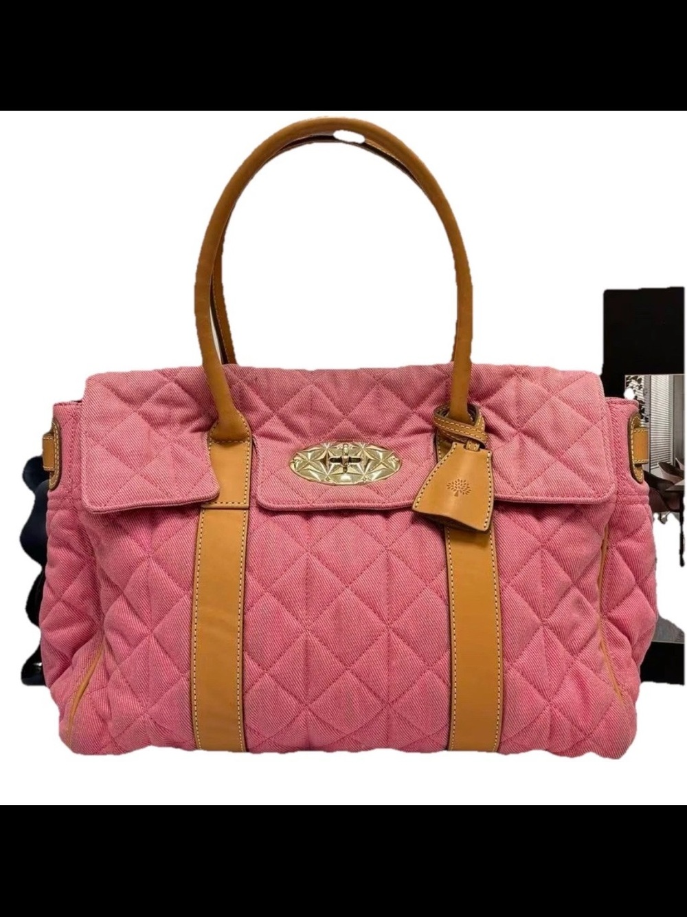 Authentic Mulberry Bayswater Handbag Pink Quilted Corduroy Leather Trim Top